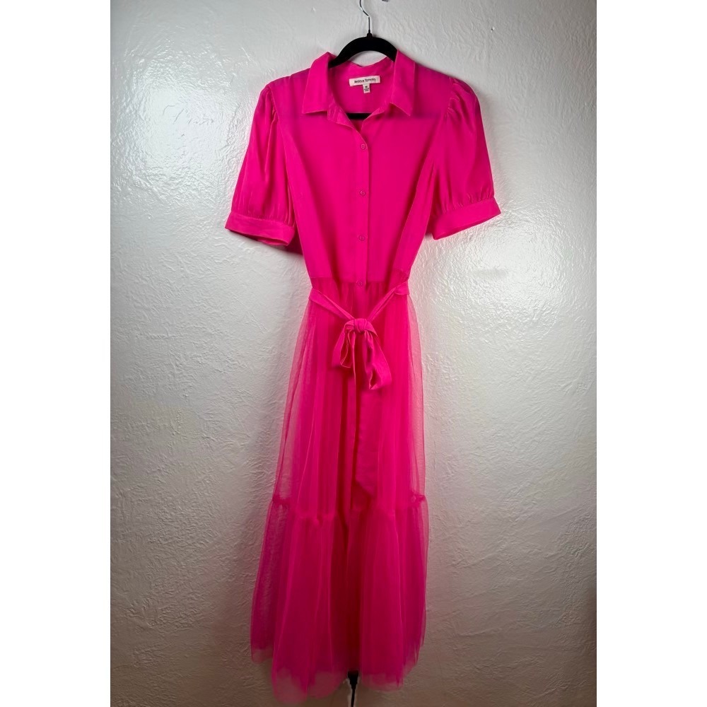 Jealous Tomato Tulle Shirt Dress Hot Pink Medium Puff Sleeve Tiered Barbiecore